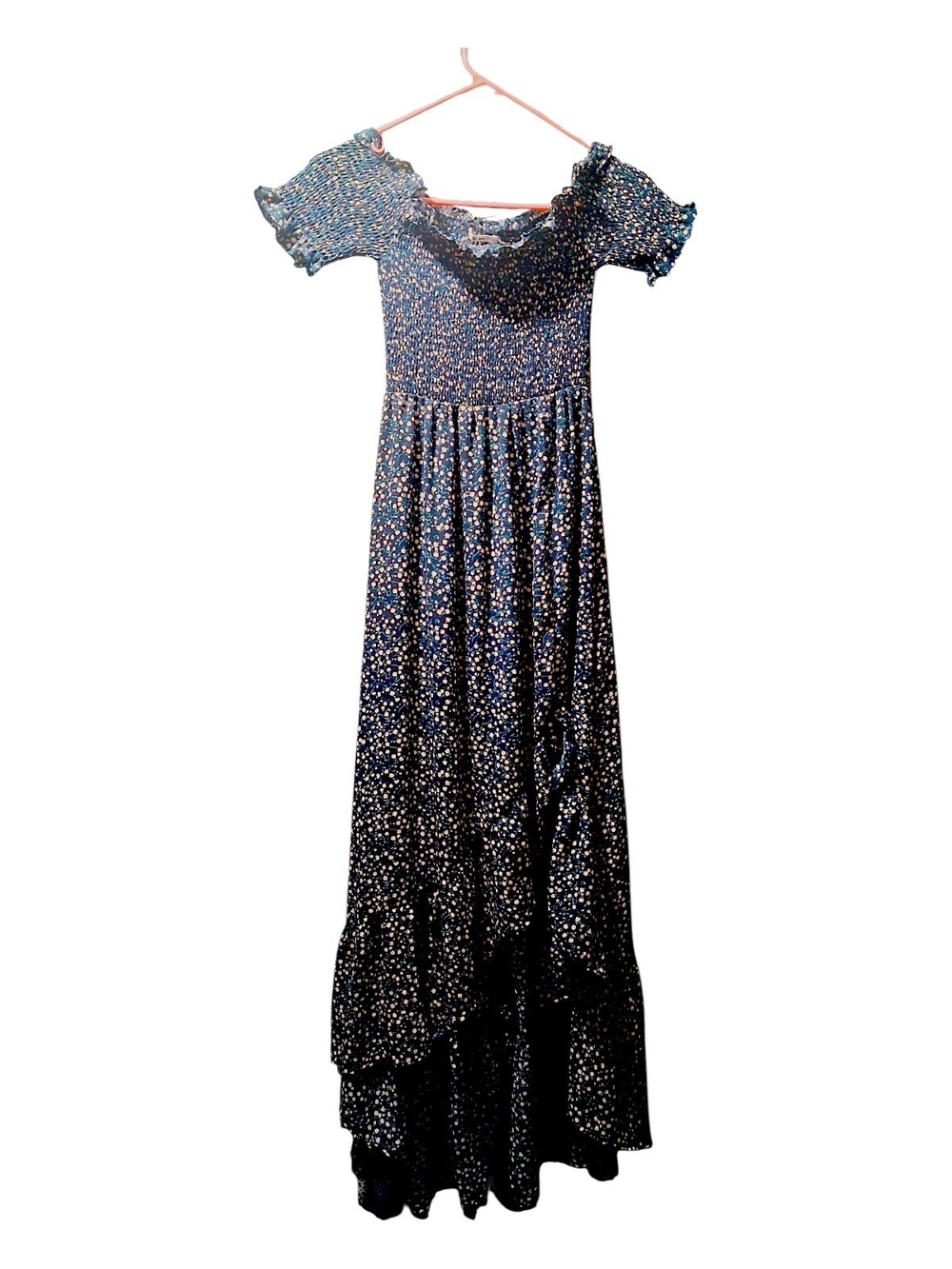 Smocked Off-Shoulder Navy Floral Maxi Dress